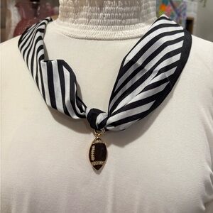 Striped Black and White Scarf Necklace with Gold Football Pendant